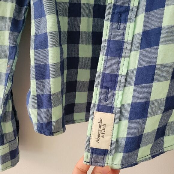 Abercrombie & Fitch Blue Gingham Muscle Button Down Flannel Shirt L - Picture 5 of 9